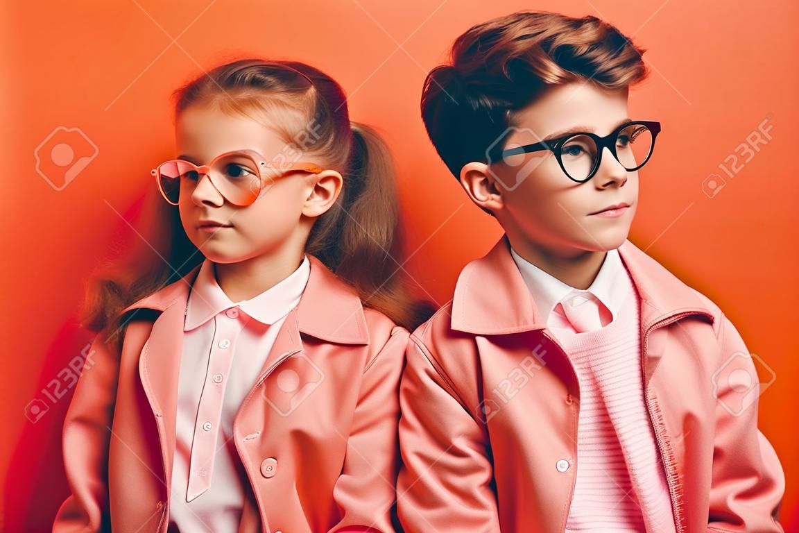 two positive friendly schoolkids in fashion uniform isolated pink background. Generative AI.