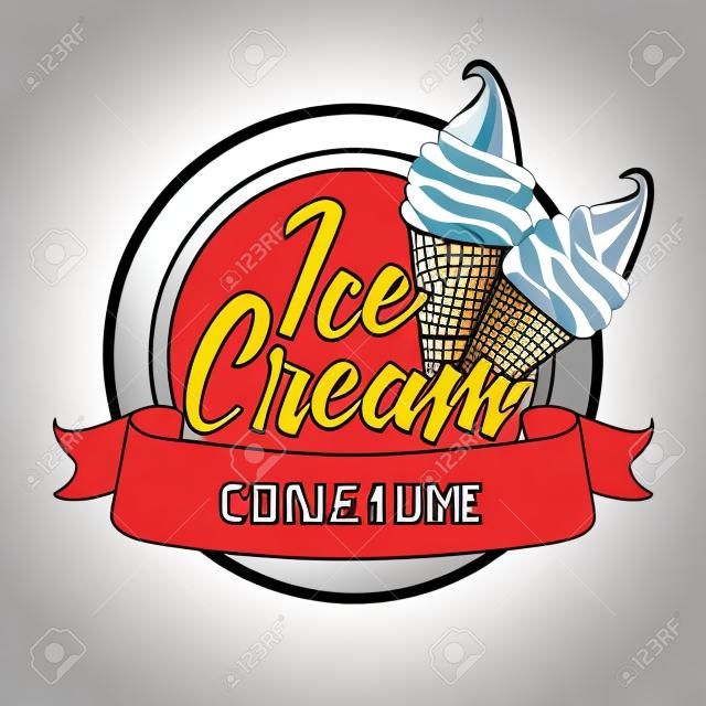 A round logo or a sticker with ice cream in a horn. Vector illustration on a transparent background