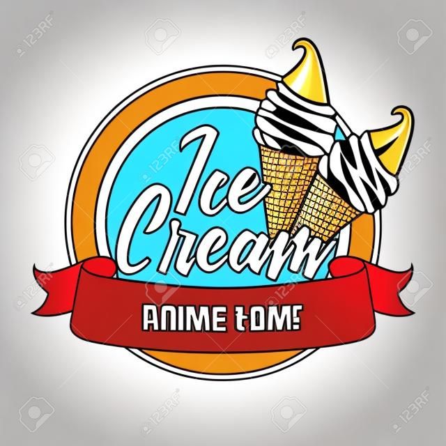 Kerek logó vagy matrica szarvas fagylalttal. Vektoros illusztráció egy átlátszó háttérrel