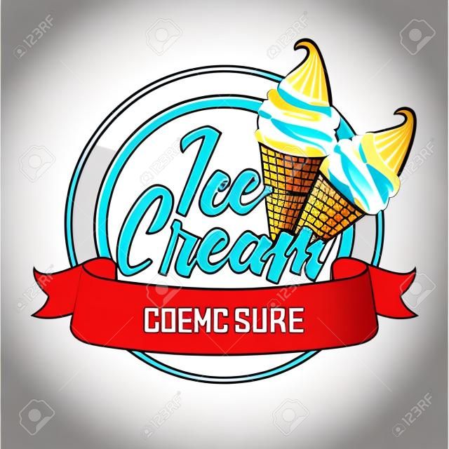 A round logo or a sticker with ice cream in a horn. Vector illustration on a transparent background