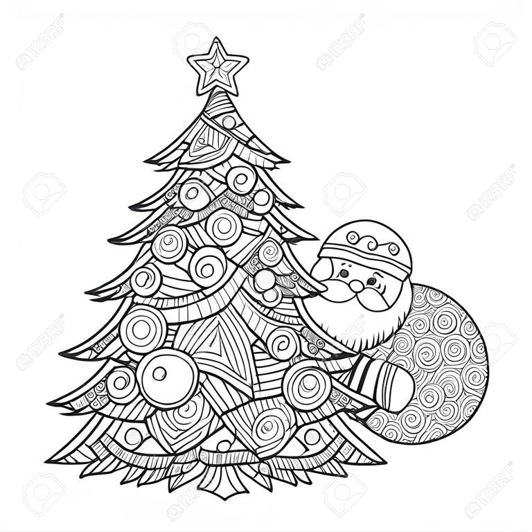 illustration coloriage pour adultes Arbre de Noël Santa Claus colorant l'encre avec des boules de Noël et une étoile. ornement de modèle, bonne fête de vacances de nouvel an en décembre joyeux noël