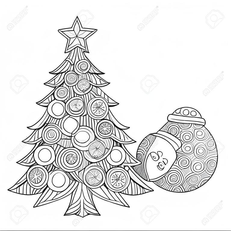illustration coloriage pour adultes Arbre de Noël Santa Claus colorant l'encre avec des boules de Noël et une étoile. ornement de modèle, bonne fête de vacances de nouvel an en décembre joyeux noël