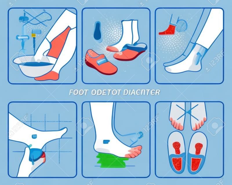 Ilustração vetorial sobre o tema da prevenção do pé diabético. Cuidado do pé para diabetes.