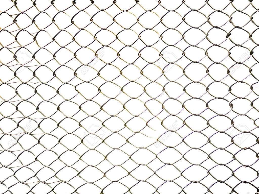Repeating chain link fence white metal wire mesh or metal net repeats left, right, up and down. The wire mesh fence close up pattern for background and texture isolate on white background.