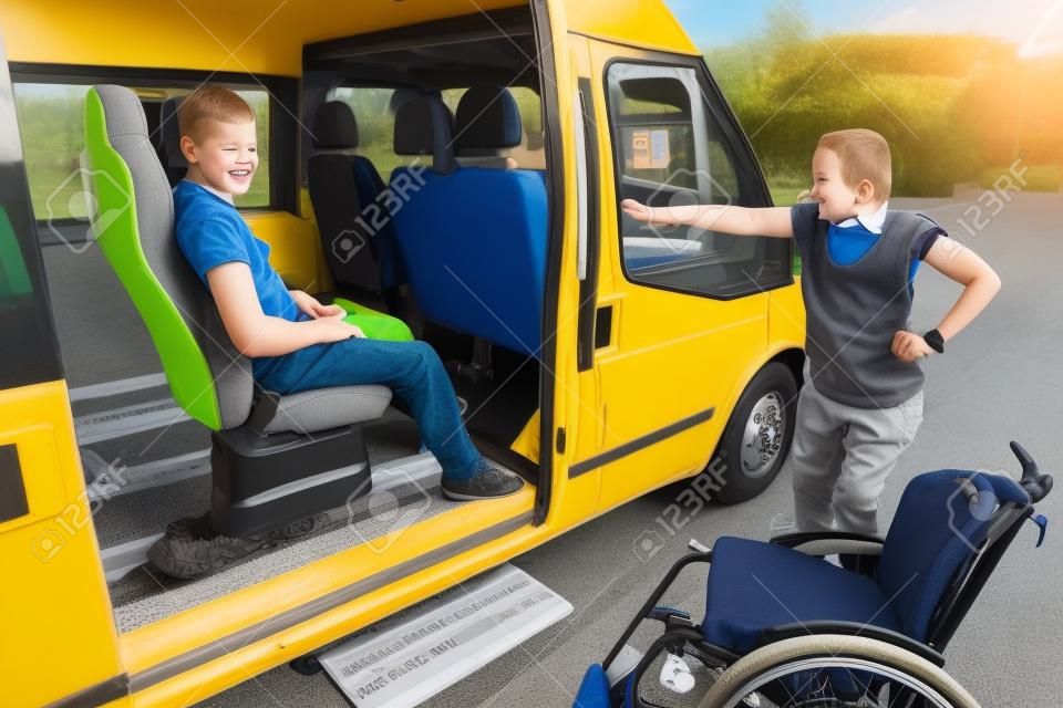 Handicapped boy is picked up by school bus