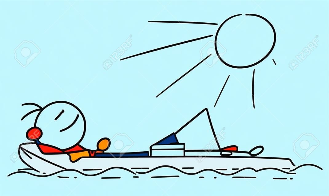 Cartoon vector stickman smiling enjoying sailing a airbed air mattress on summer vacation holiday