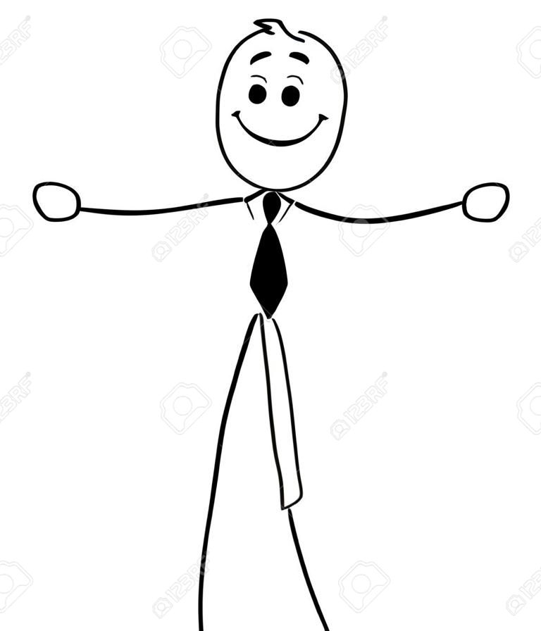 Cartoon stick man illustration of smiling business man businessman with arms open to welcome.