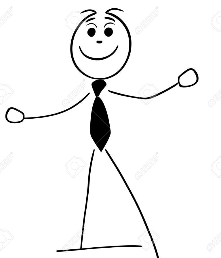 Cartoon stick man illustration of smiling business man businessman with arms open to welcome.