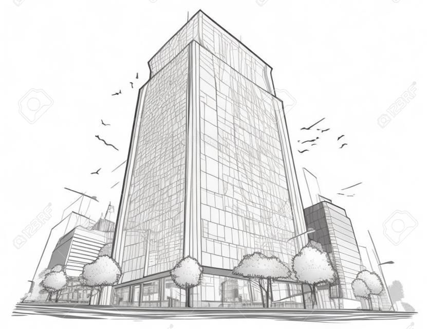 Ilustração do esboço do desenho arquitetônico do vetor dos desenhos animados da rua da cidade com edifício alto da elevação.
