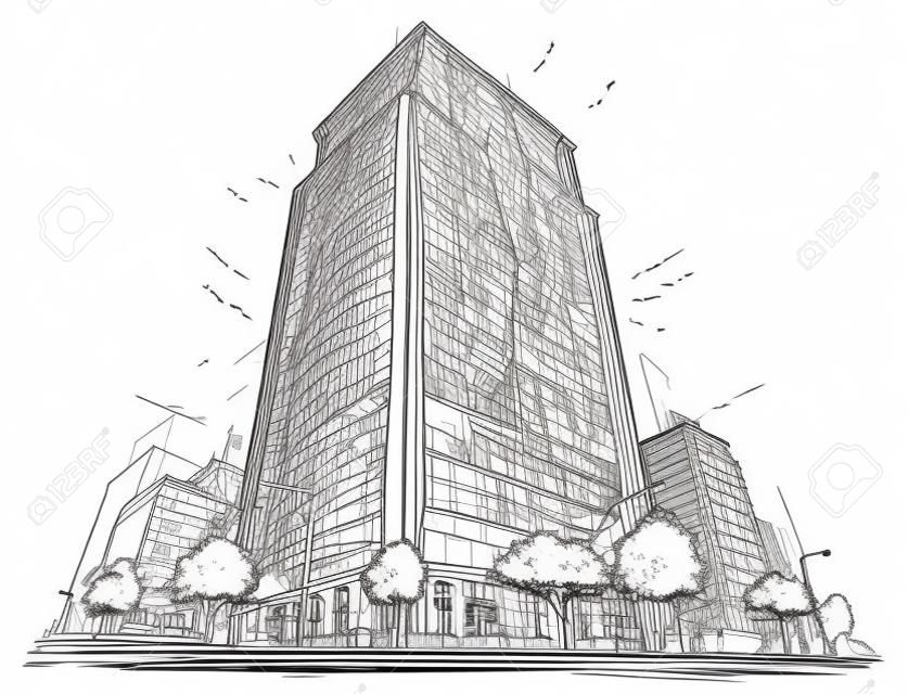 Ilustração do esboço do desenho arquitetônico do vetor dos desenhos animados da rua da cidade com edifício alto da elevação.