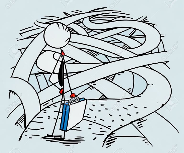 도전과 도전 도로 및 방법의 혼돈에 서있는 비즈니스 금융 위기의 어려움에 직면하는 사업가의 개념적 그림을 드로잉하는 만화 스틱 남자.