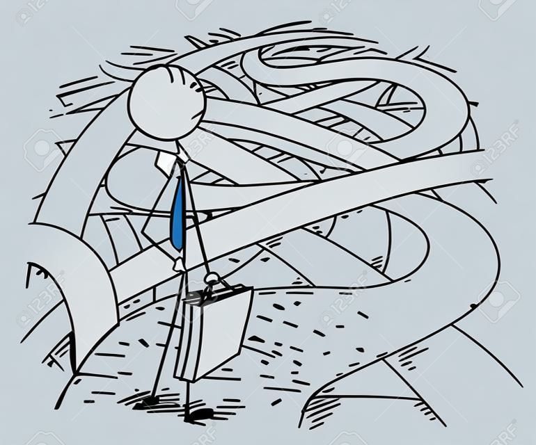 도전과 도전 도로 및 방법의 혼돈에 서있는 비즈니스 금융 위기의 어려움에 직면하는 사업가의 개념적 그림을 드로잉하는 만화 스틱 남자.