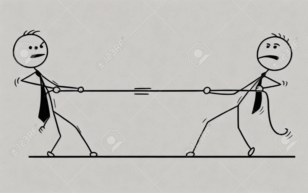 Cartoon stick man drawing conceptual illustration of two businessmen playing tug of war with rope. Concept of business team competition.