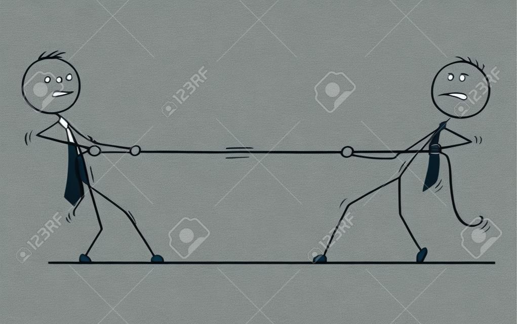 Cartoon stick man drawing conceptual illustration of two businessmen playing tug of war with rope. Concept of business team competition.