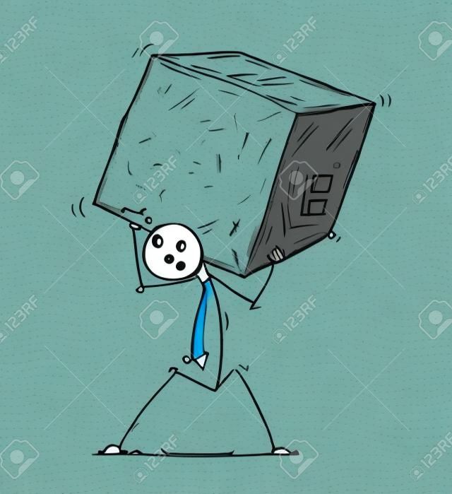 Cartoon stick man drawing conceptual illustration of businessman carrying big block of stone of rock. Concept of business stress from tax, debt or mortgage.