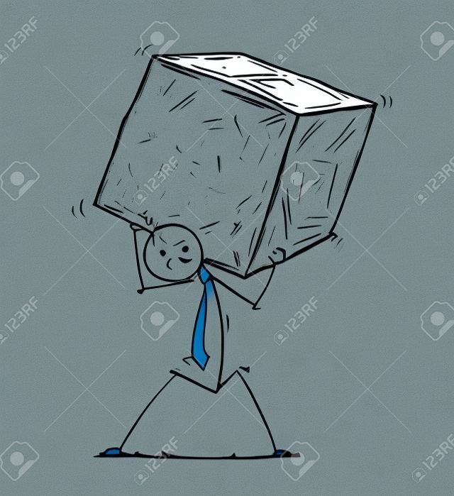 石の大きなブロックを運ぶビジネスマンの概念的なイラストを描く漫画の棒男。税金、負債または住宅ローンからのビジネスストレスの概念。