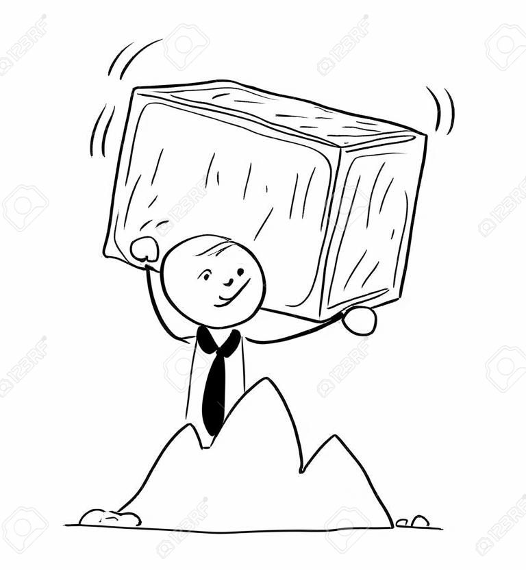 Trzymać kreskówka mężczyzna rysunek koncepcyjna ilustracja biznesmen niosący duży blok kamienia skalnego. Pojęcie stresu biznesowego z podatku, zadłużenia lub kredytu hipotecznego.