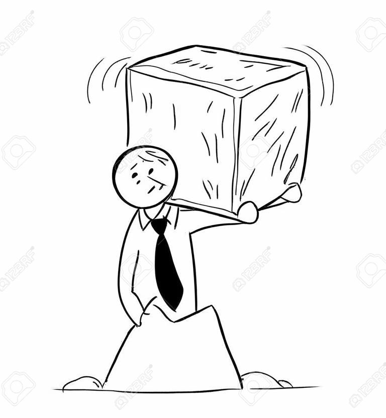 Cartoon stick man drawing conceptual illustration of businessman carrying big block of stone of rock. Concept of business stress from tax, debt or mortgage.