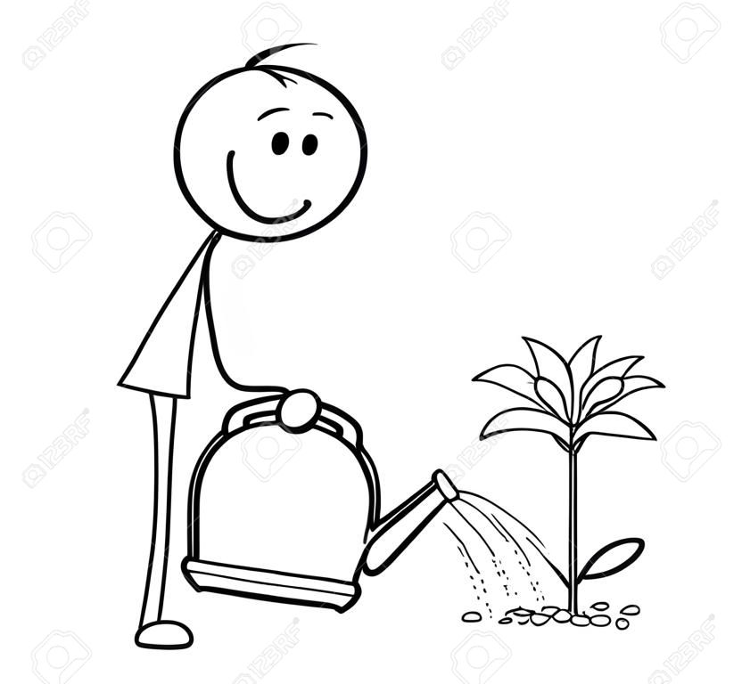 Cartoon stick man drawing illustration of gardener on garden watering blooming plant with can.