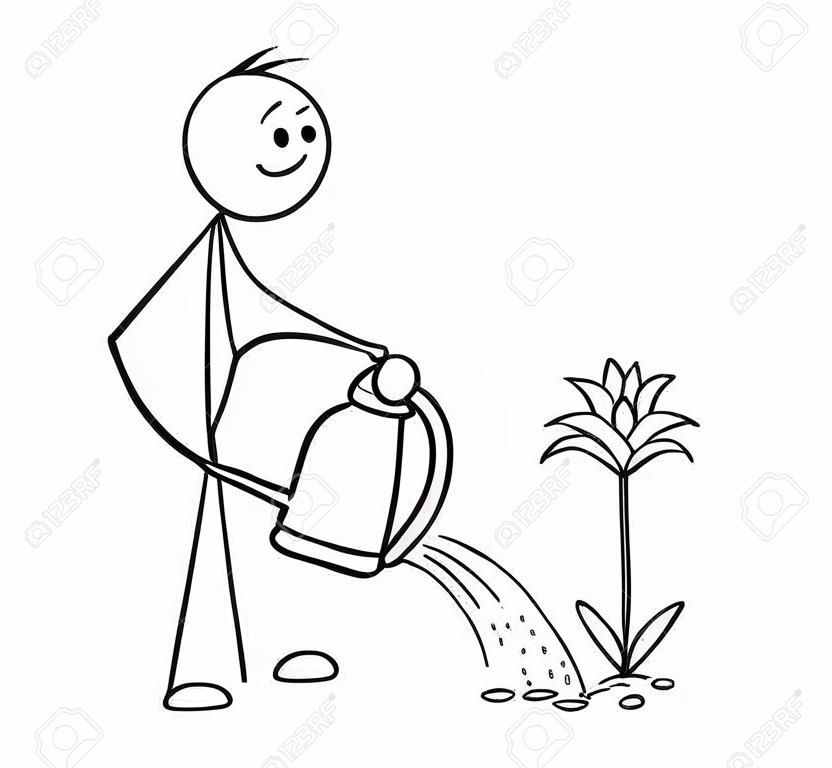 Cartoon stick man drawing illustration of gardener on garden watering blooming plant with can.