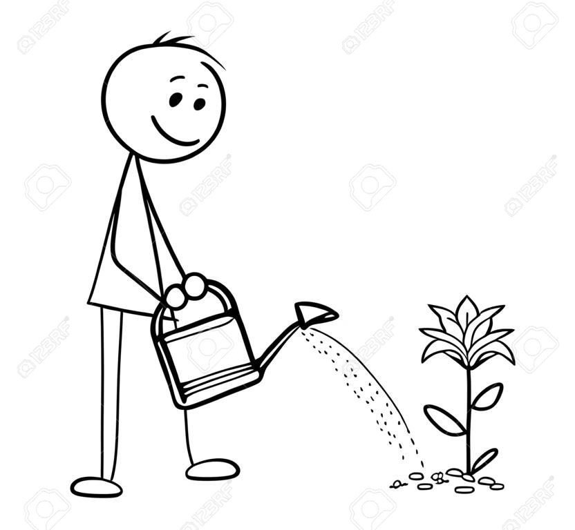 Cartoon stick homem desenho ilustração de jardineiro no jardim rega flor planta com lata.
