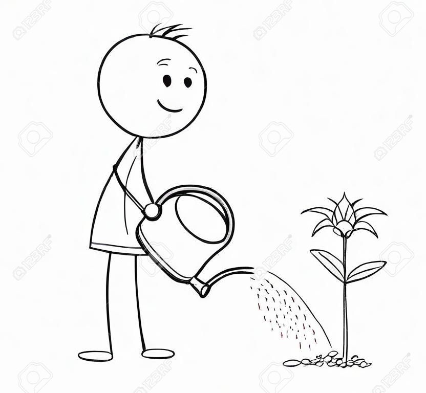 Cartoon stick homem desenho ilustração de jardineiro no jardim rega flor planta com lata.