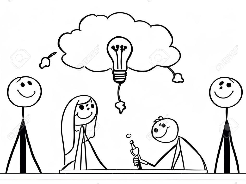 Человек-палка шаржа рисуя концептуальную иллюстрацию встречи бизнес-команды и мозгового штурма. Концепция совместной работы и творчества.