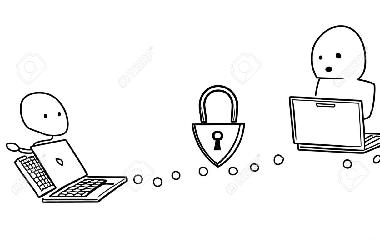Cartoon stick man drawing, conceptual illustration of businessman working on computer while hacker is breaching week password in to his system.Concept of internet and network security.