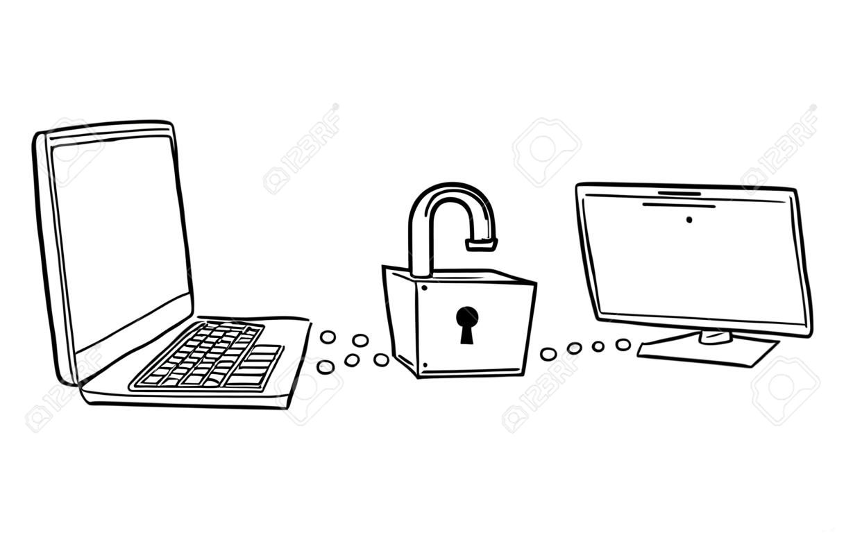 Cartoon stick man drawing, conceptual illustration of businessman working on computer while hacker is breaching week password in to his system.Concept of internet and network security.