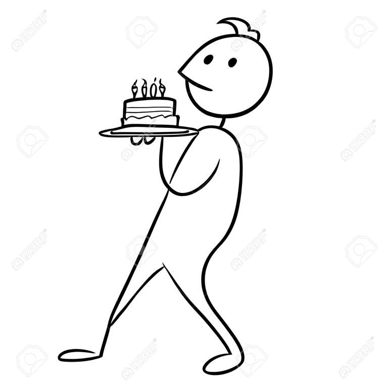 Cartoon stick man drawing conceptual illustration of man walking and carry birthday cake.