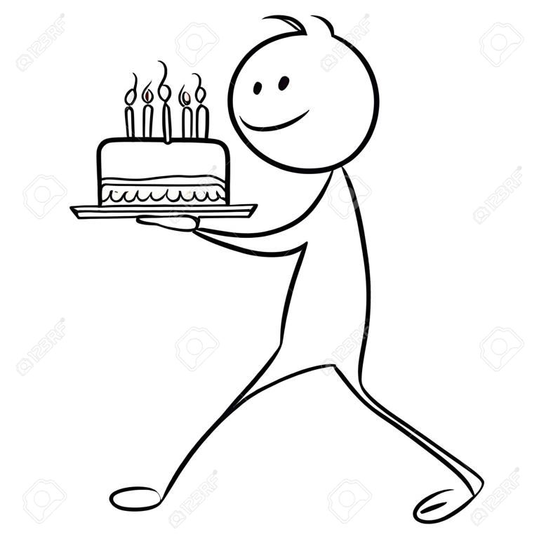 만화 지팡이 남자 걷는 남자의 개념적 그림 그리기 및 생일 케이크를 들고.