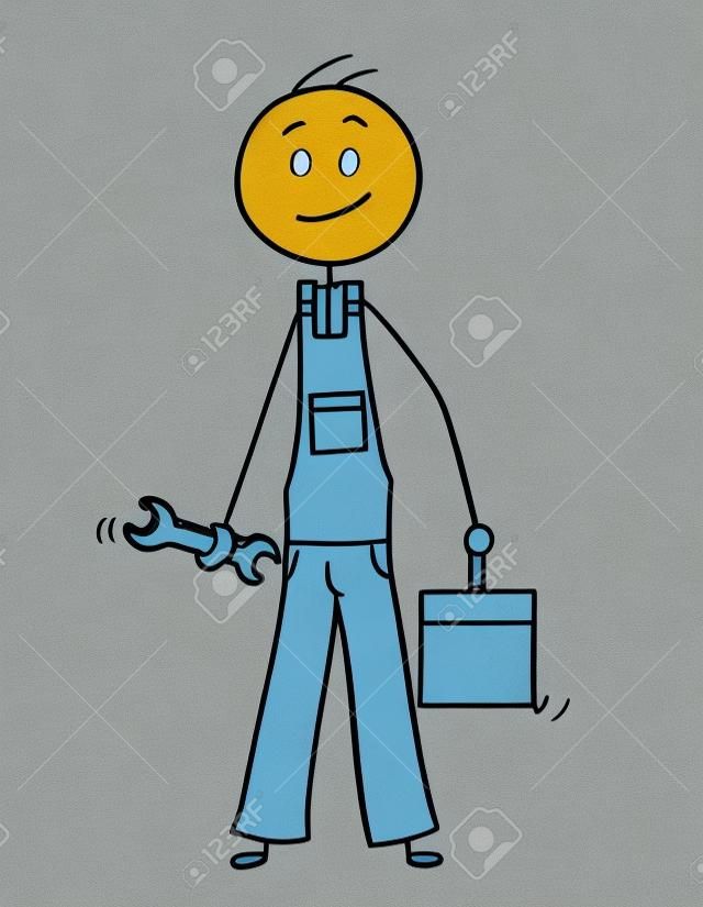 Cartoon stick man dessin illustration conceptuelle du travailleur masculin ou réparateur avec clé et boîte à outils ou boîte à outils.