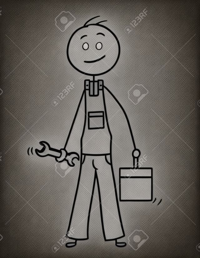 Karikaturstabmann, der konzeptionelle Illustration des männlichen Arbeiters oder des Reparaturmanns mit Schraubenschlüssel und Werkzeugkasten oder Werkzeugkasten zeichnet.
