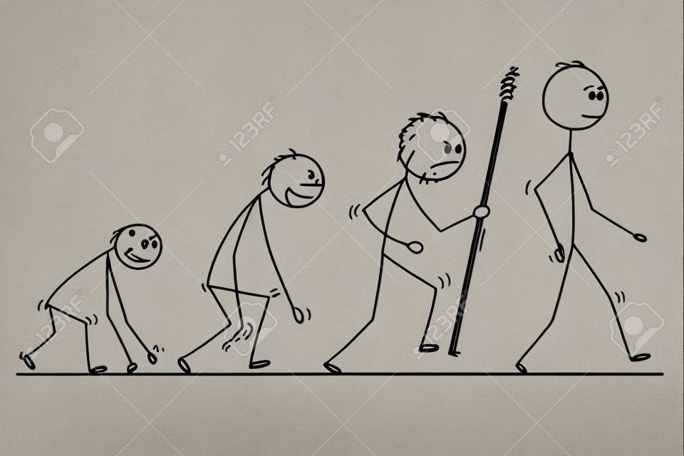 Cartoon stick homem desenhando ilustração conceitual do progresso do processo de evolução humana.