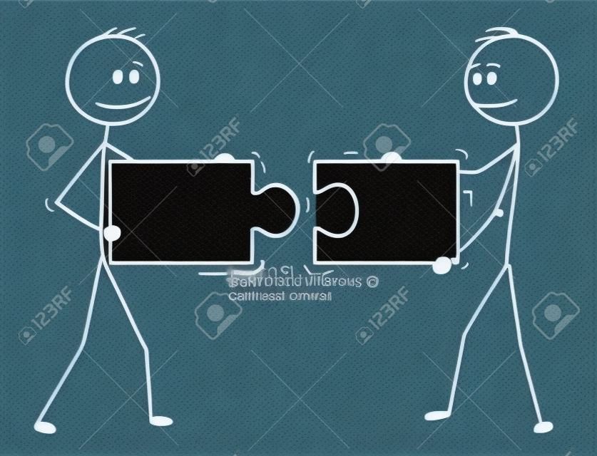 Cartoon-Stick-Mann, der konzeptionelle Illustration von zwei Geschäftsleuten zeichnet, die zusammenpassende Puzzleteile halten und verbinden. Geschäftskonzept der Teamarbeit, Zusammenarbeit und Problemlösung.