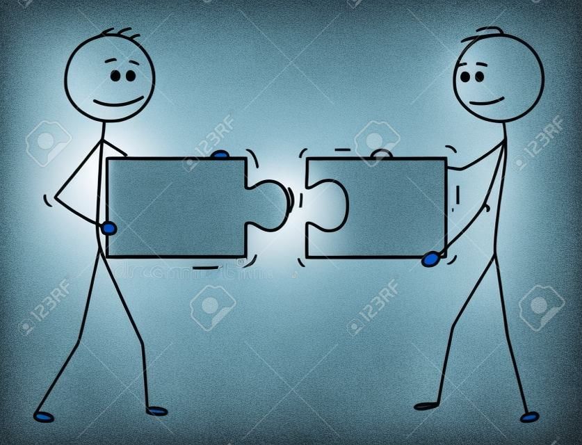 Cartoon stick man drawing conceptual illustration of two businessmen holding and connecting matching pieces of jigsaw puzzle. Business concept of teamwork, collaboration and problem solution.