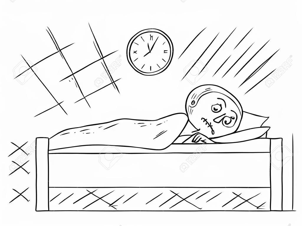 Cartoon stick drawing conceptual illustration of man lying in the bed and unable to sleep because of Insomnia