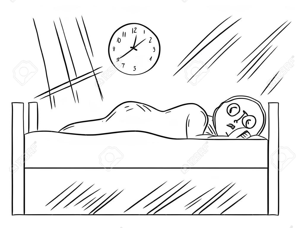 Cartoon stick tekening conceptuele illustratie van de mens liggend in het bed en niet in staat om te slapen als gevolg van slapeloosheid