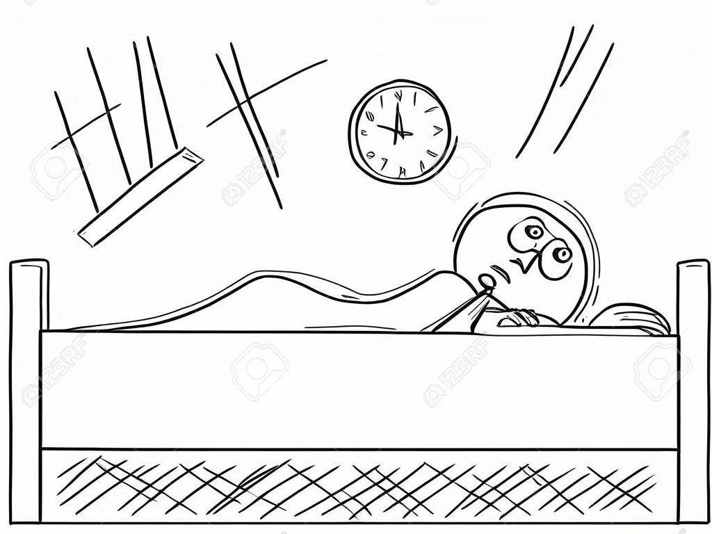 Cartoon stick disegno illustrazione concettuale dell'uomo sdraiato nel letto e incapace di dormire a causa dell'insonnia