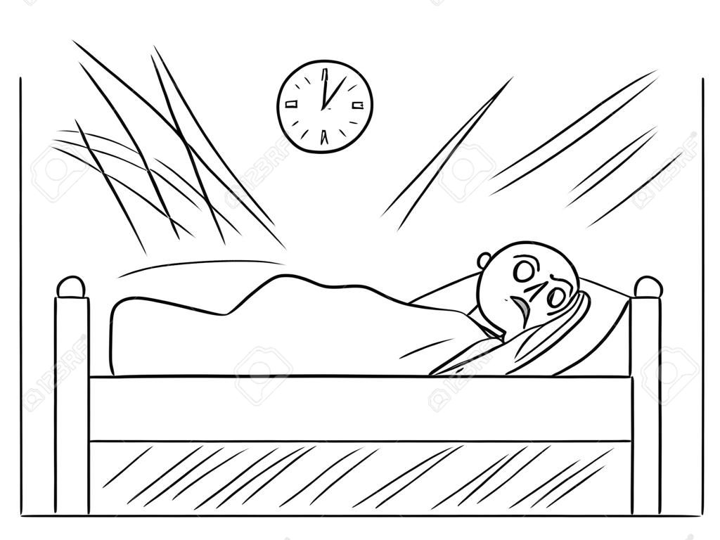 Cartoon stick drawing conceptual illustration of man lying in the bed and unable to sleep because of Insomnia