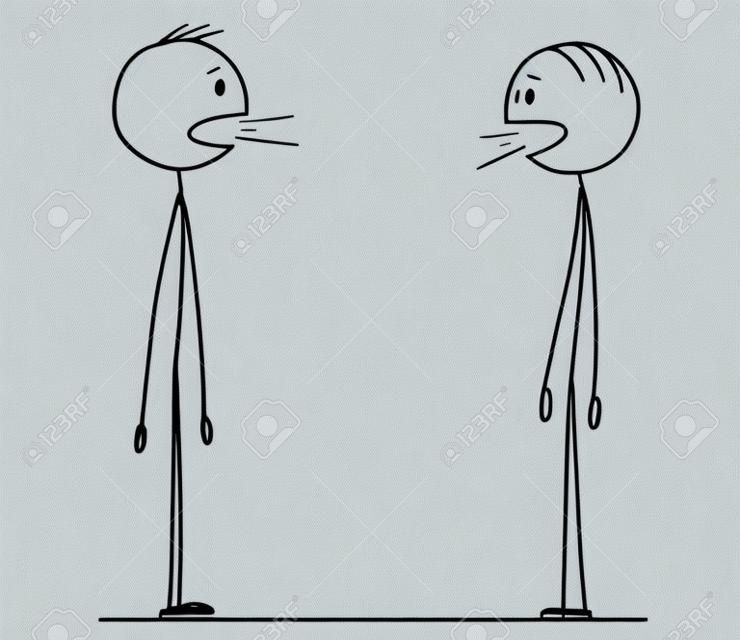 Cartoon stick figure drawing conceptual illustration of two men in conversation, both are talking in same time not hearing the other.