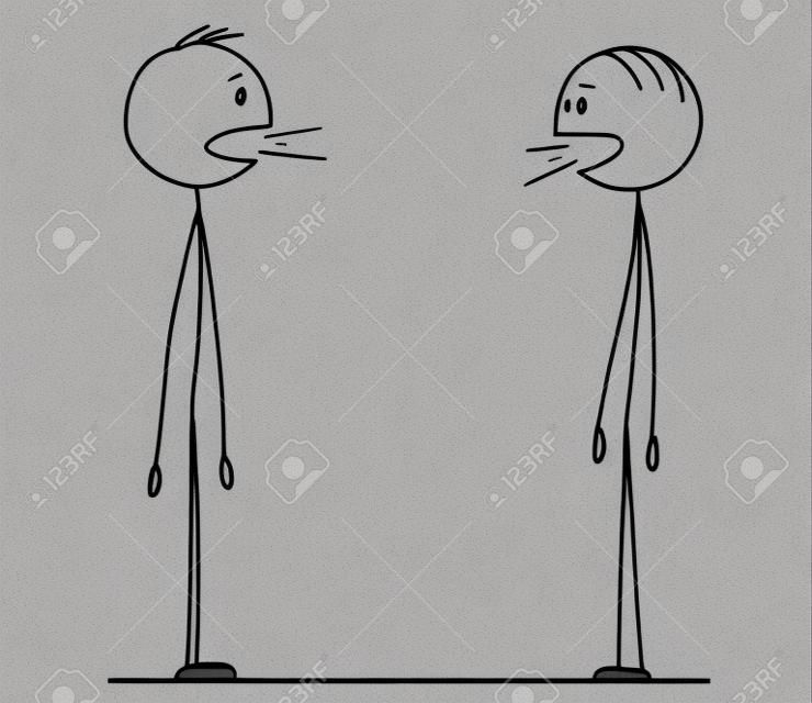 Cartoon stick figure drawing conceptual illustration of two men in conversation, both are talking in same time not hearing the other.