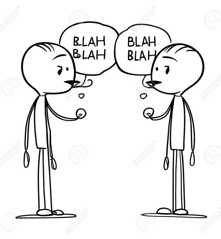 Cartoon stick figura desenho conceitual ilustração de dois homens em conversa com bolhas de fala blá-blá ou blá-blá.
