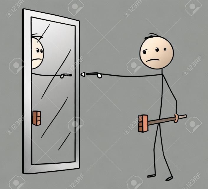 Cartoon stick figura desenho conceitual ilustração de homem irritado com martelo apontando e culpando a si mesmo ou seu reflexo no espelho.
