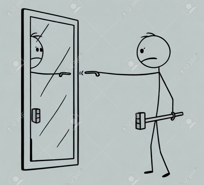 Cartoon stick figure drawing conceptual illustration of angry man with hammer pointing and blaming yourself or his reflection in mirror.