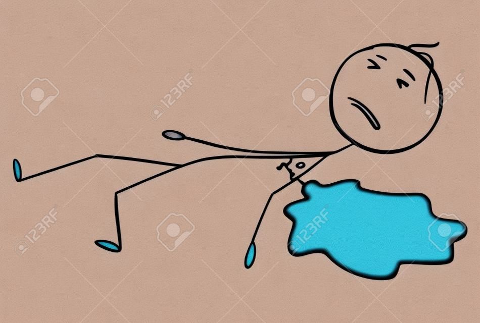 Cartoon stick figuur tekening conceptuele illustratie van dode of gedood man of slachtoffer van een misdrijf liggend op de grond of vloer in een plas bloed.