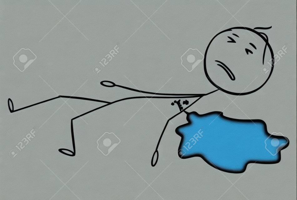 Cartoon stick figuur tekening conceptuele illustratie van dode of gedood man of slachtoffer van een misdrijf liggend op de grond of vloer in een plas bloed.