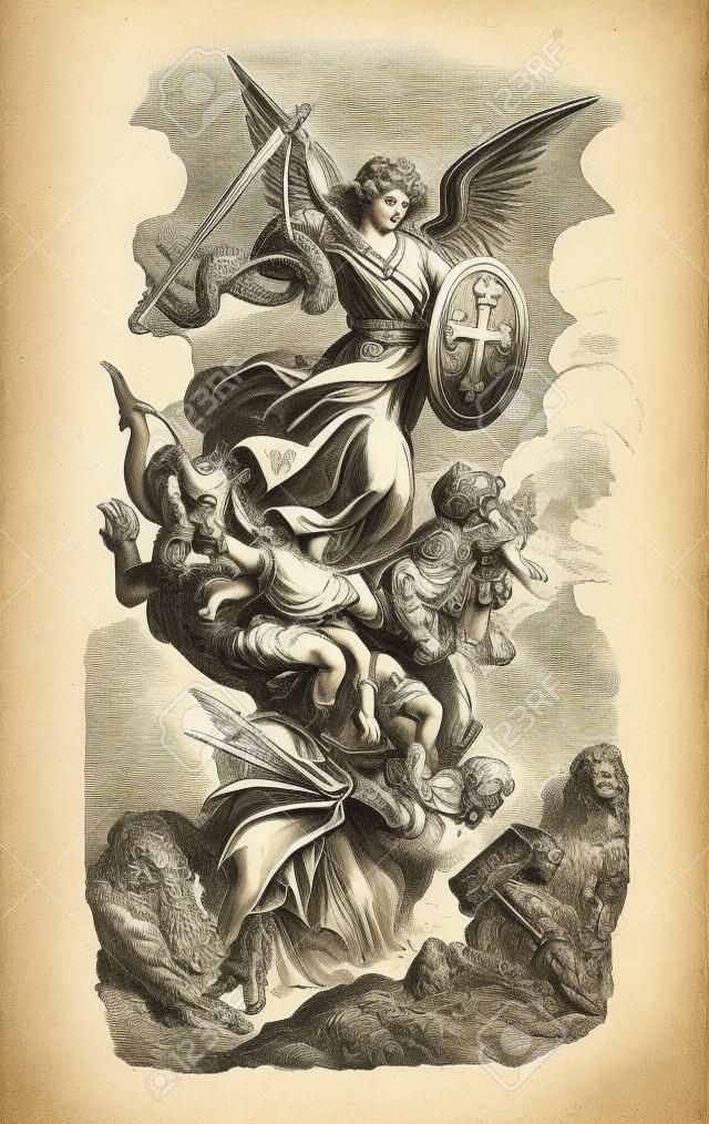 Illustrazione d'antiquariato dell'annata e disegno della linea o incisione dell'Arcangelo Michele biblico che combatte e sconfigge Satana come drago. Apocalisse 12:7-9.