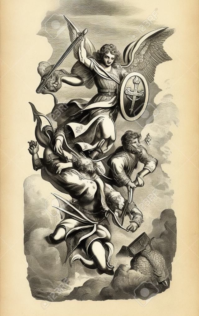 Vintage antike Illustration und Strichzeichnung oder Gravur des biblischen Erzengels Michael, der Satan als Drache bekämpft und besiegt. Offenbarung 12:7-9.