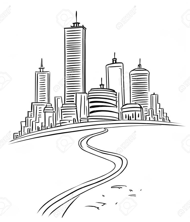 Vector drawing of group of generic modern high rise buildings in far and road leading there. Business concept of career and success.